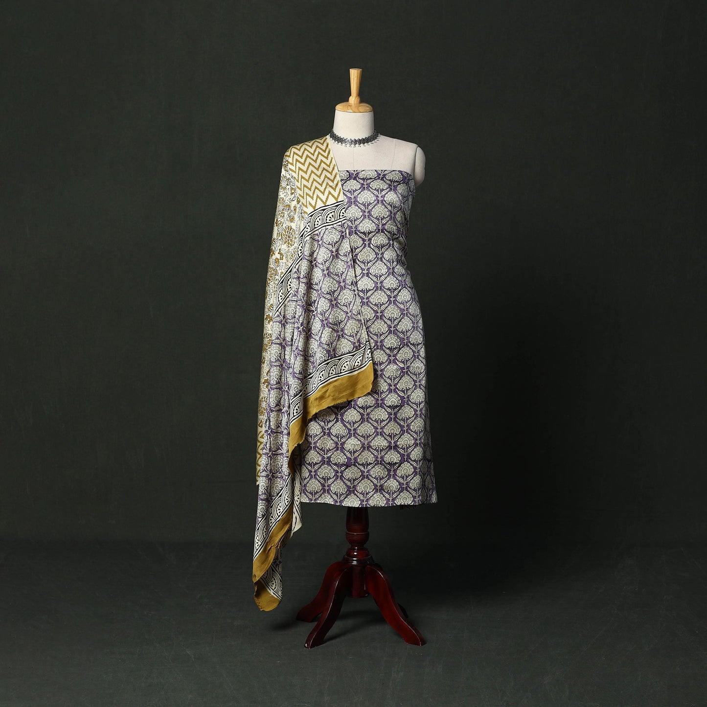 Modal silk hand block bagru print 3pc unstitched dress