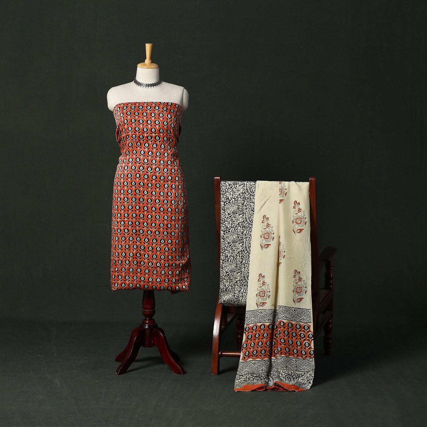 Modal silk hand block bagru print 3pc unstitched dress