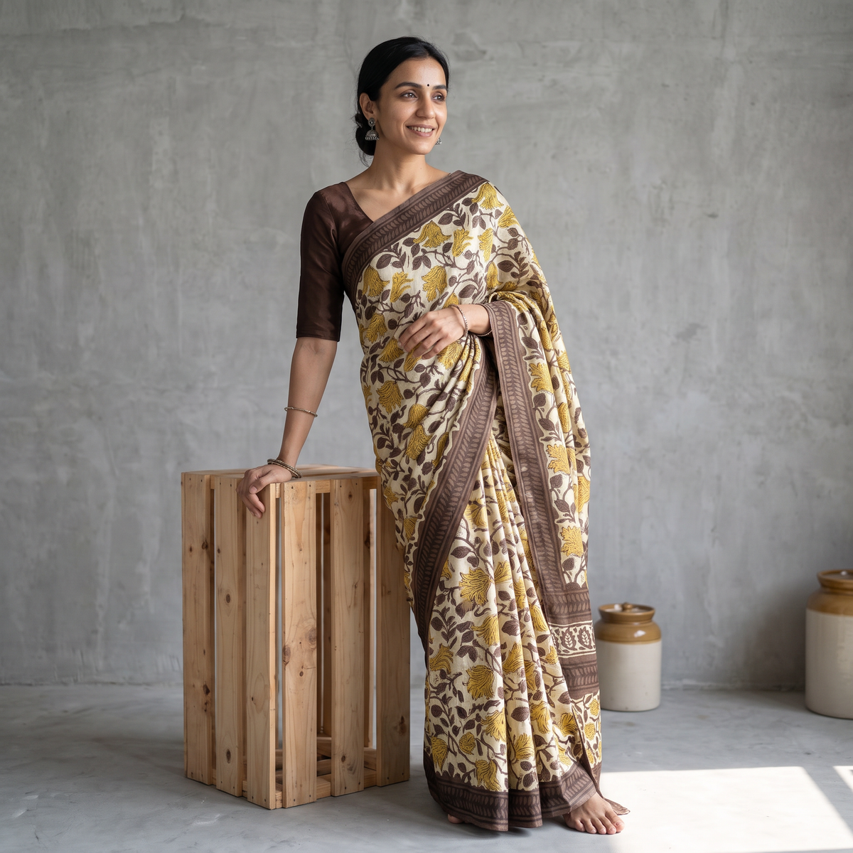 Brown Modal Silk Hand Block Print Bagru Saree, draped and worn by a woman, AI visual of the saree, iTokri