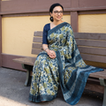 Blue Modal Silk Hand Block Print Bagru Saree, draped and worn by a woman, AI visual of the saree, iTokri