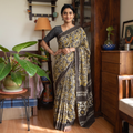Brown Modal Silk Hand Block Print Bagru Saree, draped and worn by a woman, AI visual of the saree, iTokri
