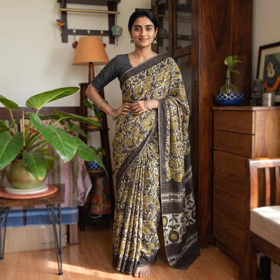 Brown Modal Silk Hand Block Print Bagru Saree, draped and worn by a woman, AI visual of the saree, iTokri