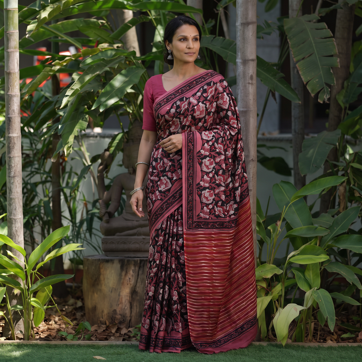 Pink Modal Silk Hand Block Print Bagru Saree, draped and worn by a woman, AI visual of the saree, iTokri