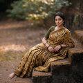 Brown Modal Silk Hand Block Print Bagru Saree, draped and worn by a woman, AI visual of the saree, iTokri