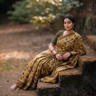 Brown Modal Silk Hand Block Print Bagru Saree, draped and worn by a woman, AI visual of the saree, iTokri