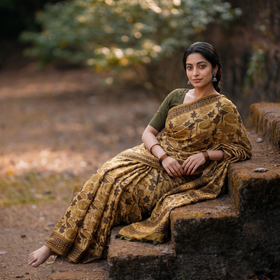 Brown Modal Silk Hand Block Print Bagru Saree, draped and worn by a woman, AI visual of the saree, iTokri