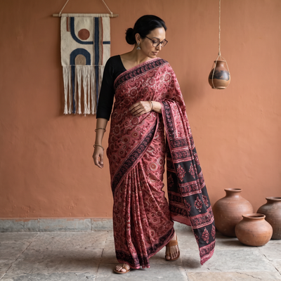 Maroon Modal Silk Hand Block Print Bagru Saree, draped and worn by a woman, AI visual of the saree, iTokri