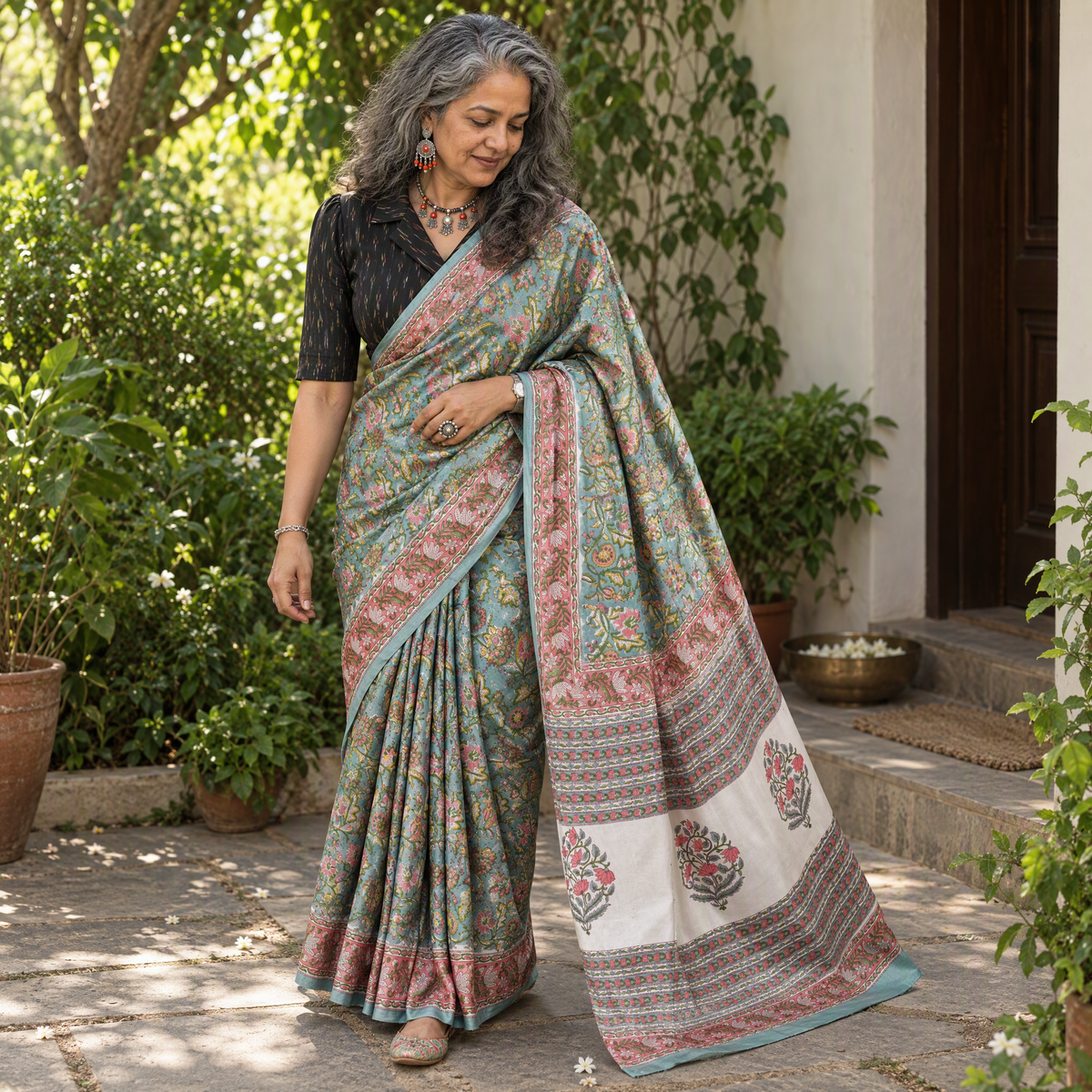 Green Modal Silk Hand Block Sanganeri Print Saree, draped and worn by a woman, AI visual of the saree, iTokri