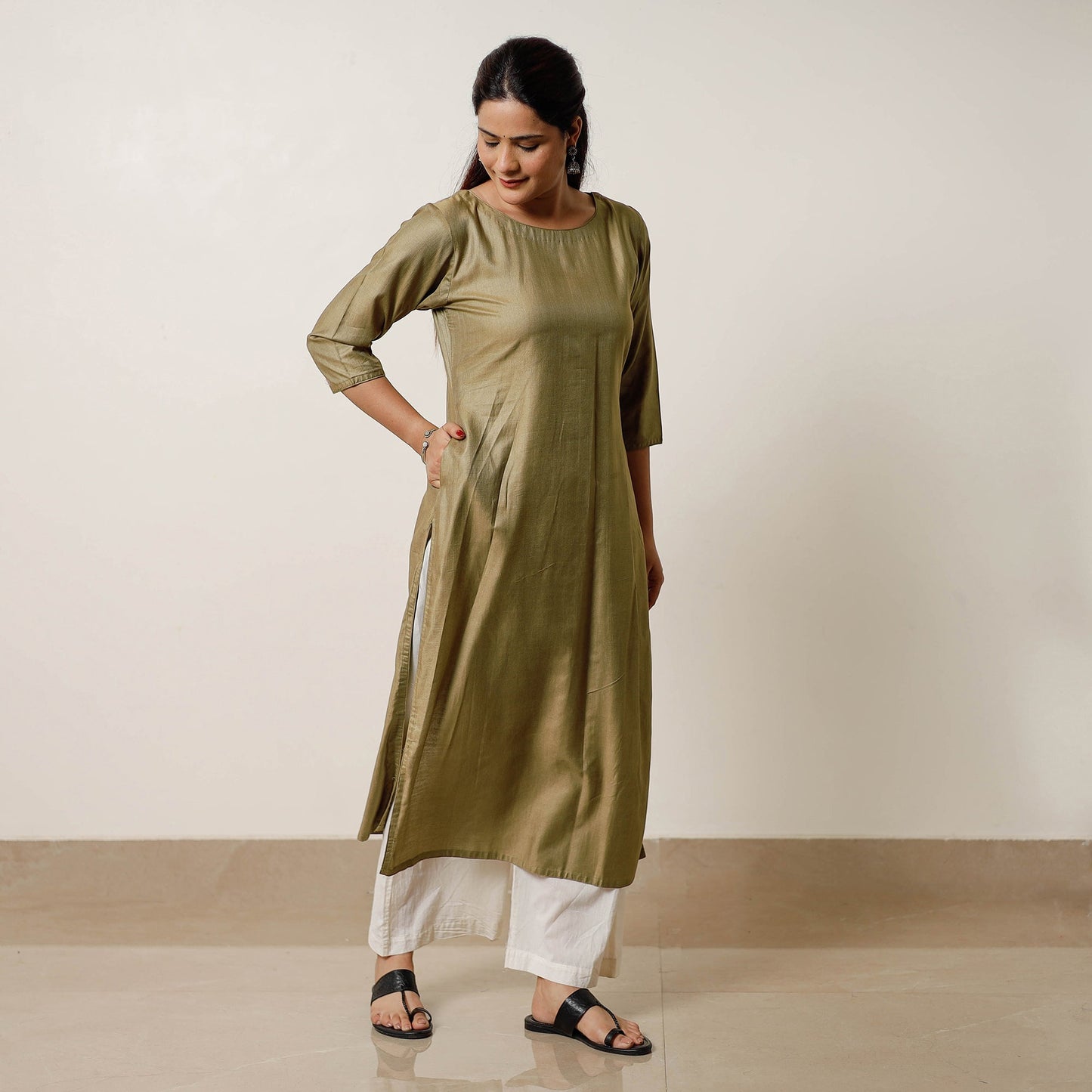 Moss green - tussar silk plain long kurta - handcrafted