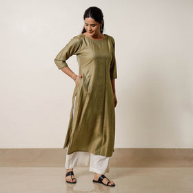 Moss green - tussar silk plain long kurta - handcrafted