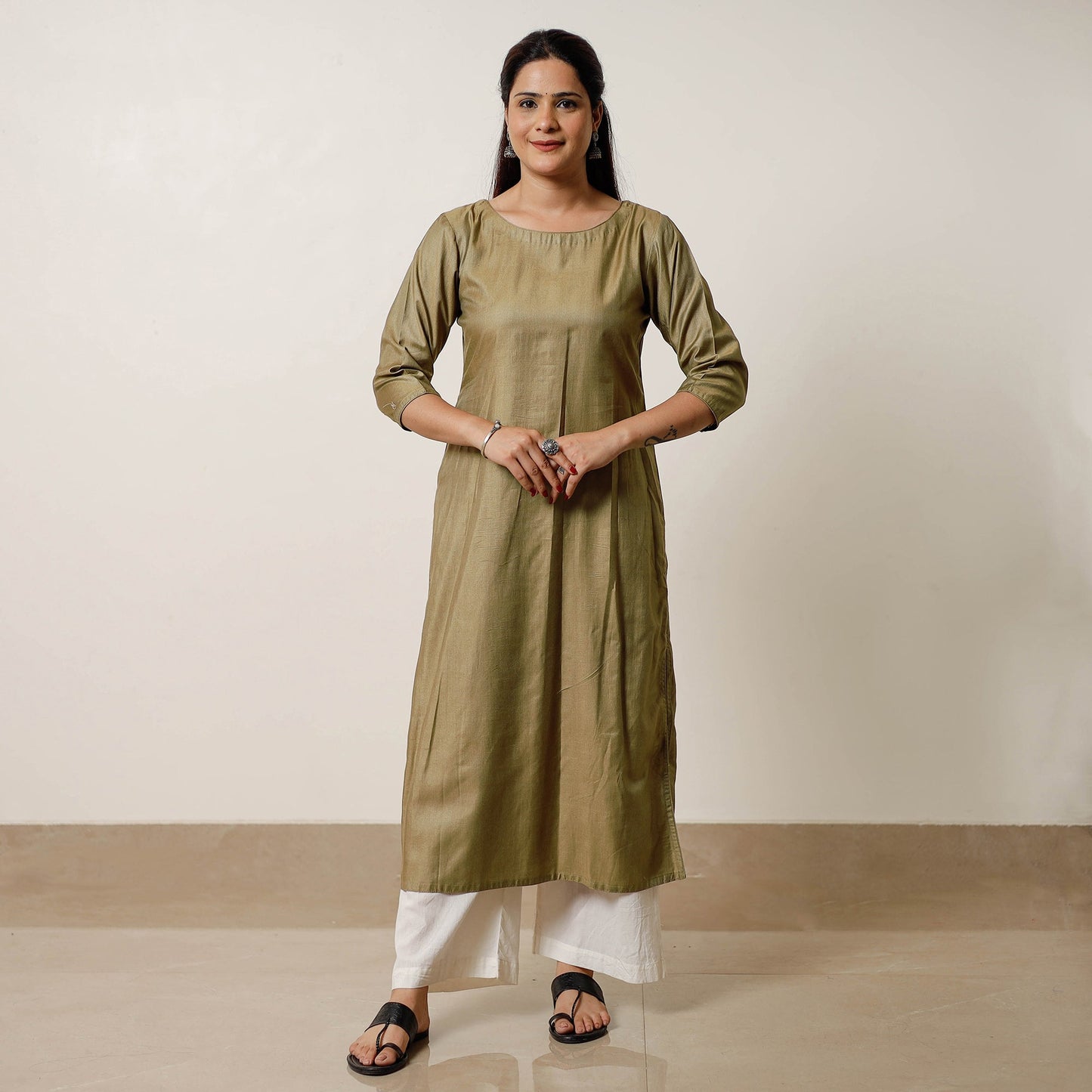 Moss green - tussar silk plain long kurta - handcrafted