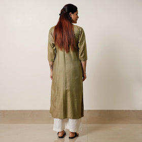 Moss green - tussar silk plain long kurta - handcrafted