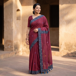 Purple Mul Cotton Ajrakh Patchwork Saree with Tagai Mirror Work, draped and worn by a woman, AI visual of the saree, iTokri