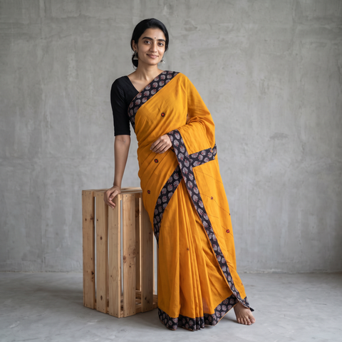 Yellow Mul Cotton Ajrakh Patchwork Saree with Tagai Mirror Work, draped and worn by a woman, AI visual of the saree, iTokri