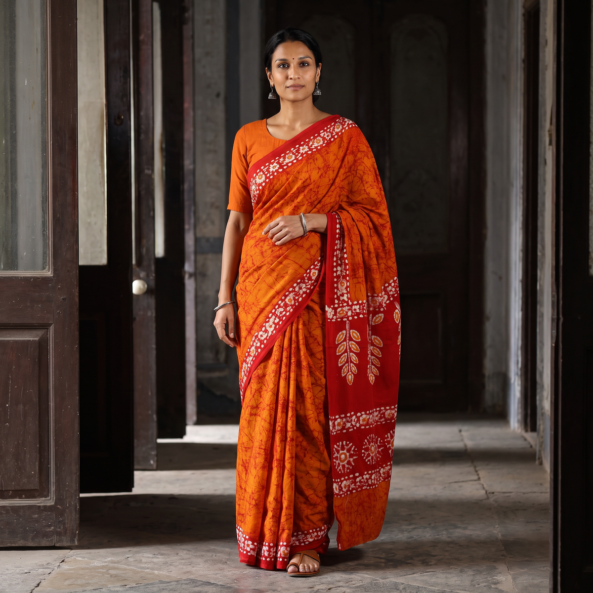 Orange Mul Cotton Hand Batik Print Saree, draped and worn by a woman, AI visual of the saree, iTokri