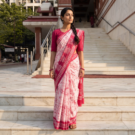 Pink Mul Cotton Hand Batik Print Saree, draped and worn by a woman, AI visual of the saree, iTokri