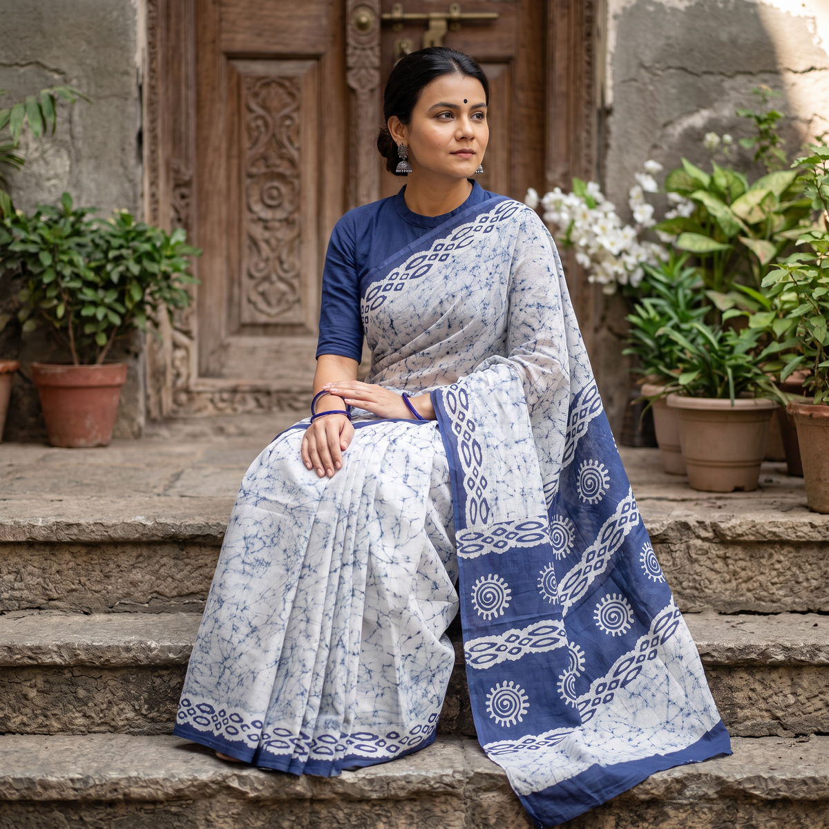 Blue Mul Cotton Hand Batik Print Saree, draped and worn by a woman, AI visual of the saree, iTokri