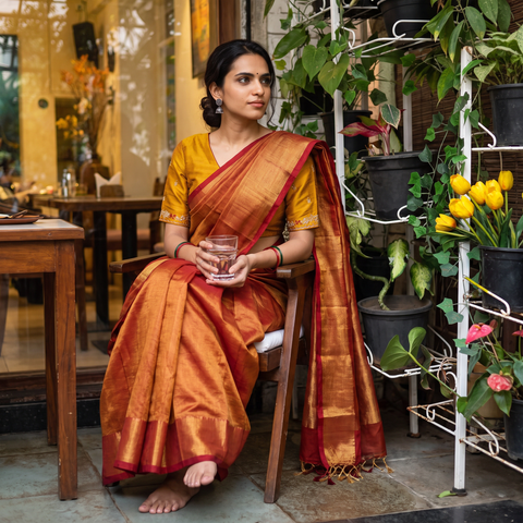 Red Mul Tissue Zari Bengal Saree with Embroidered Blouse, draped and worn by a woman, AI visual of the saree, iTokri