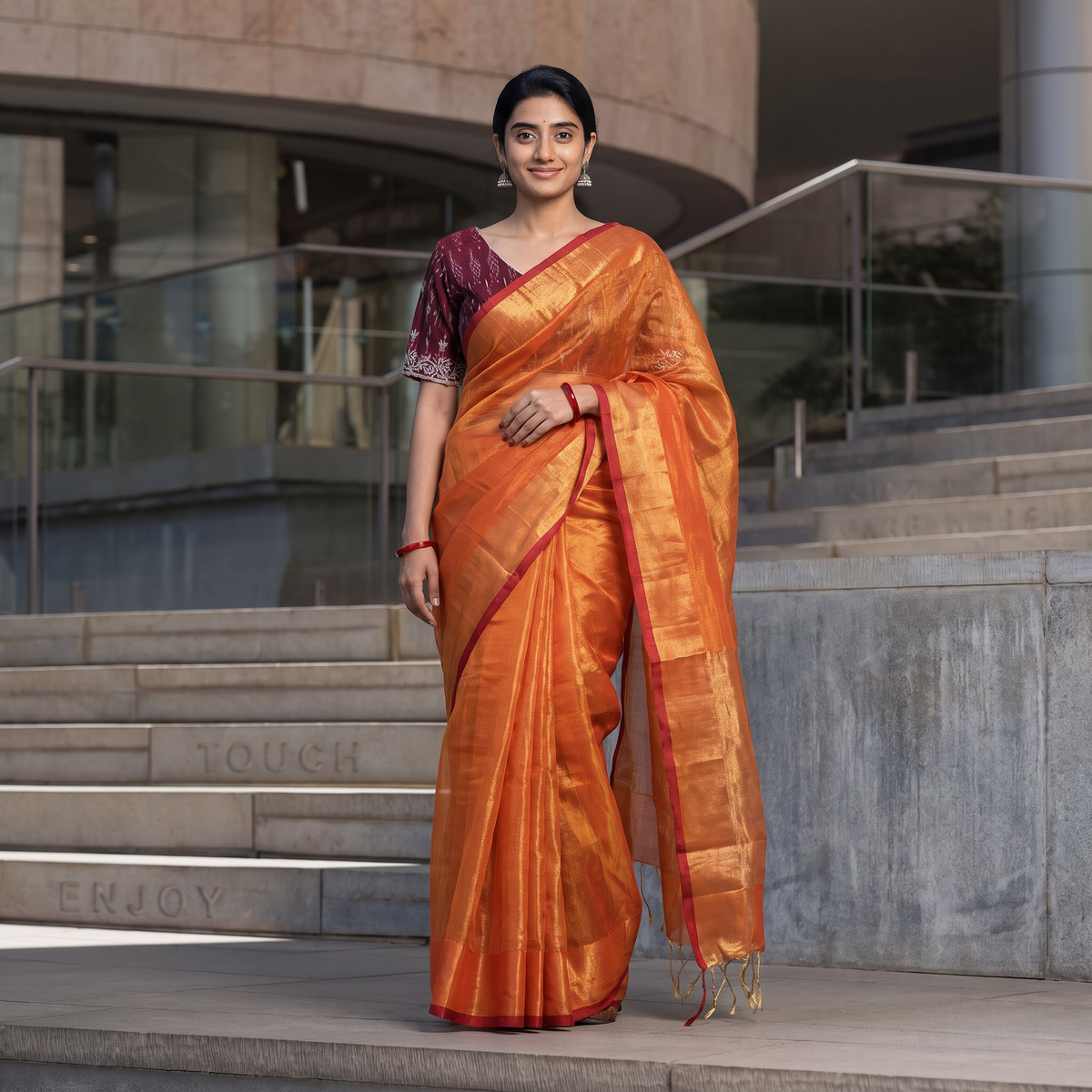 Orange Mul Tissue Zari Bengal Saree with Embroidered Blouse, draped and worn by a woman, AI visual of the saree, iTokri