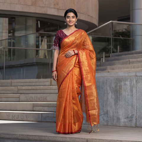 Orange Mul Tissue Zari Bengal Saree with Embroidered Blouse, draped and worn by a woman, AI visual of the saree, iTokri