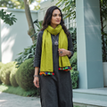Green Multi Fuman Pure Woollen Stole from Kutch, worn by a woman, AI visual of the stole, iTokri