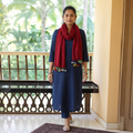Maroon Multi Fuman Pure Woollen Stole from Kutch, worn by a woman, AI visual of the stole, iTokri