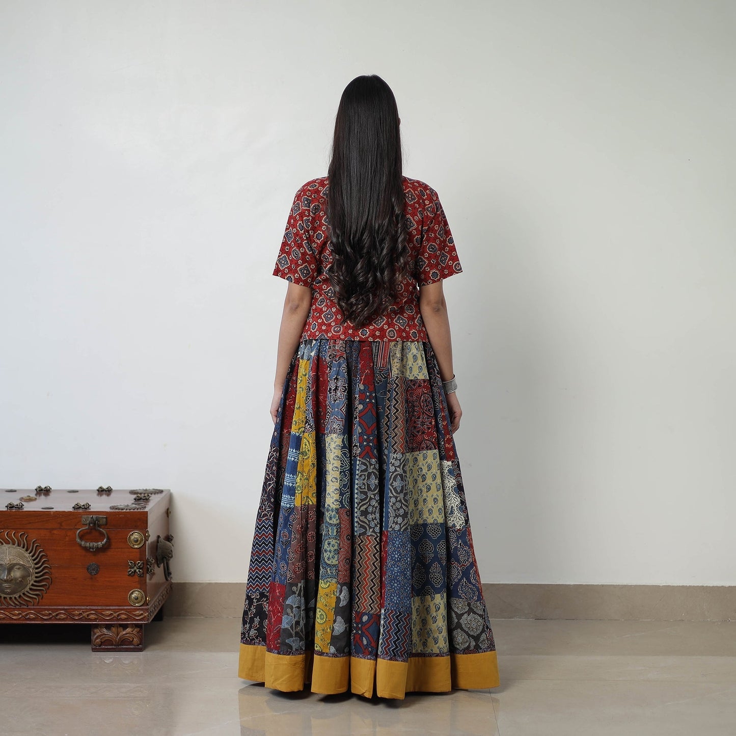  24 Kali Patchwork Block Printed Cotton Ajrakh Skirt