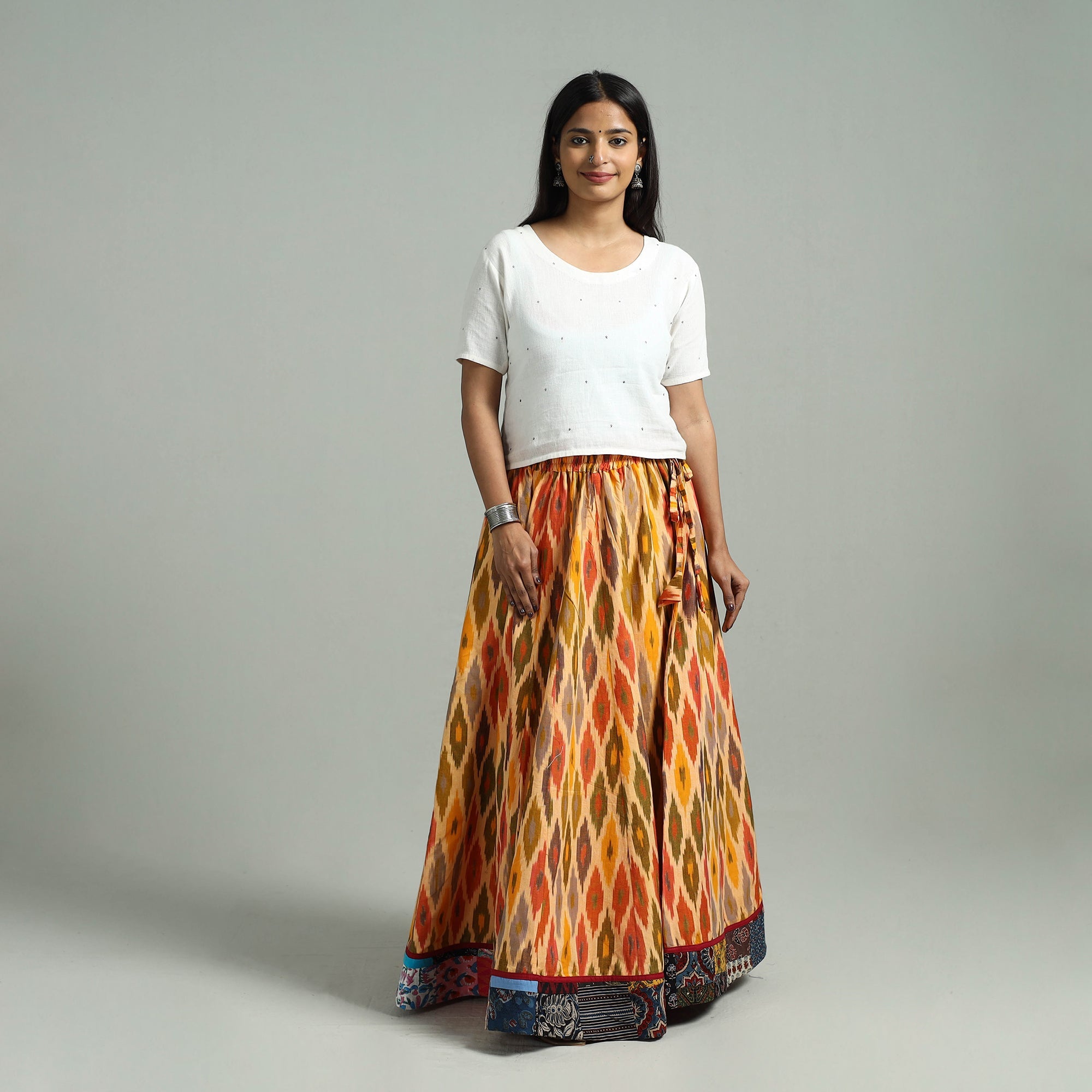 Multicolor - 24 Kali Patchwork Cotton Pochampally Ikat Skirt 40