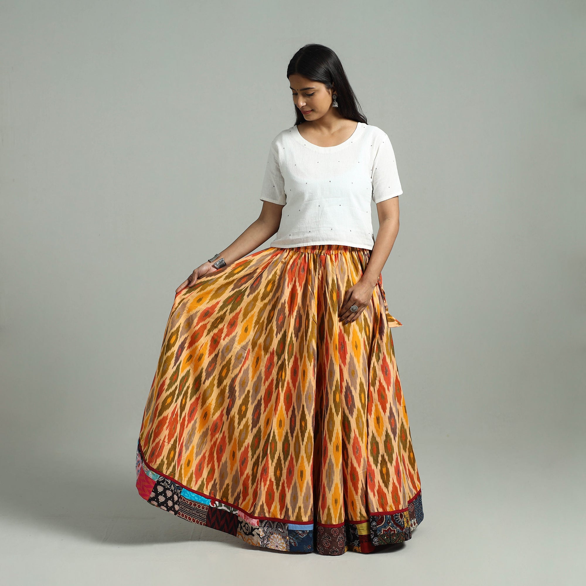 Multicolor - 24 Kali Patchwork Cotton Pochampally Ikat Skirt 40