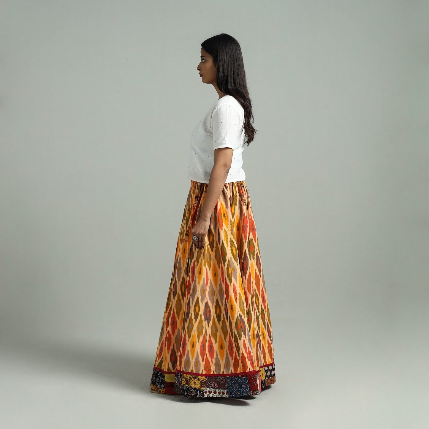 Multicolor - 24 Kali Patchwork Cotton Pochampally Ikat Skirt 40