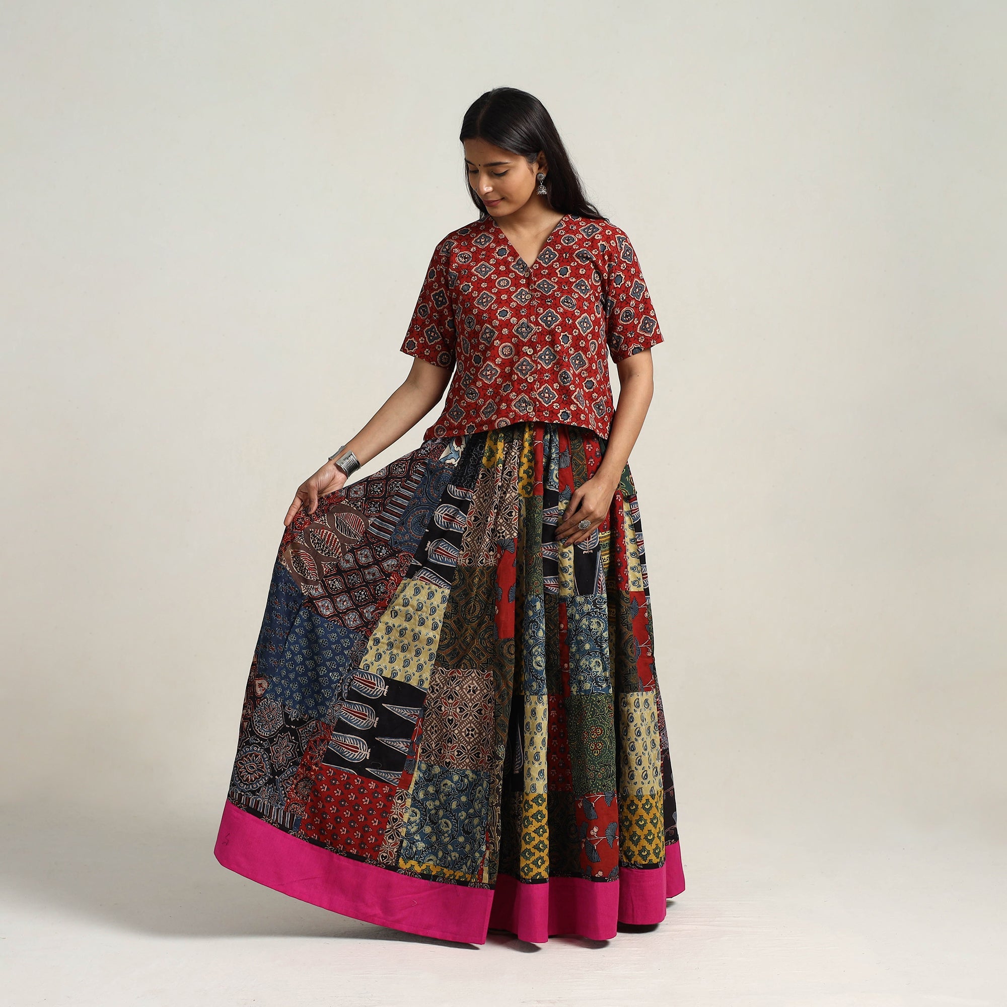24 Kali Multicolor Patchwork Block Print Cotton Ajrakh Skirt