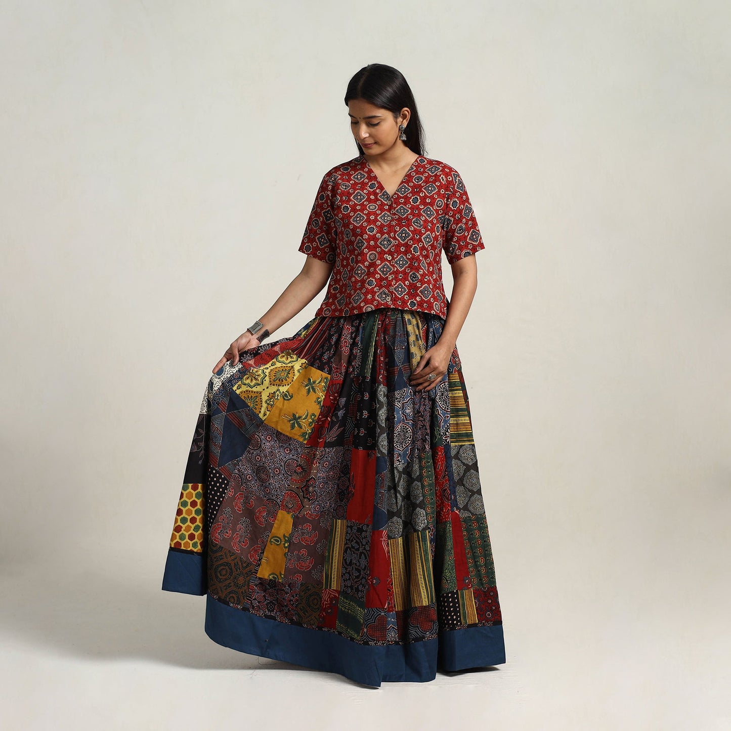 24 Kali Multicolor Patchwork Block Print Cotton Ajrakh Skirt
