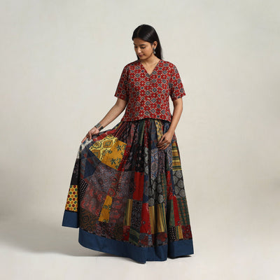 24 Kali Multicolor Patchwork Block Print Cotton Ajrakh Skirt