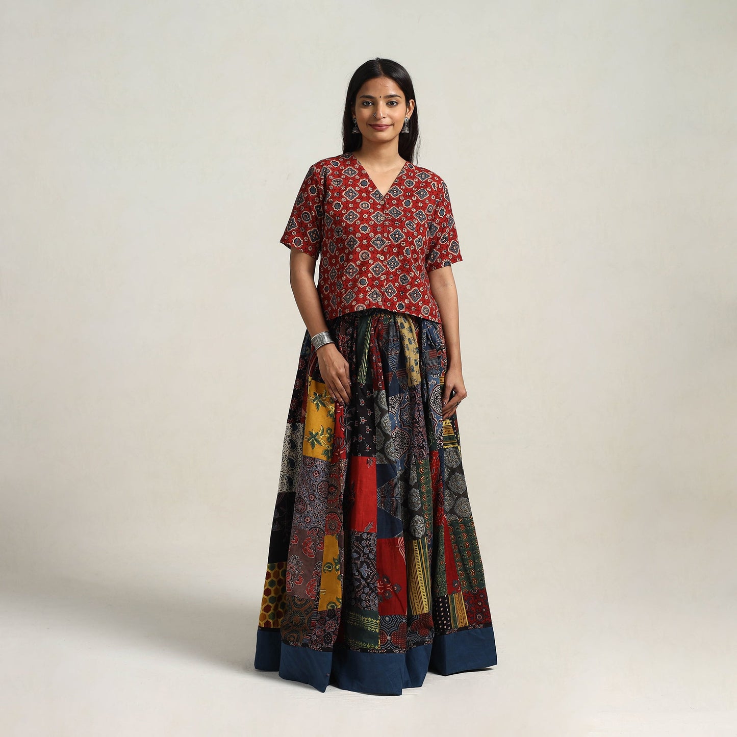 24 Kali Multicolor Patchwork Block Print Cotton Ajrakh Skirt