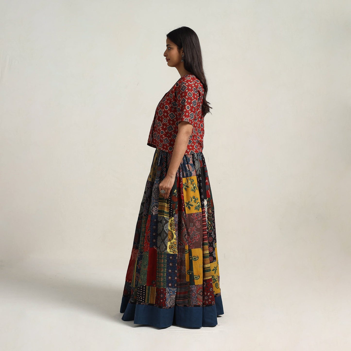 24 Kali Multicolor Patchwork Block Print Cotton Ajrakh Skirt