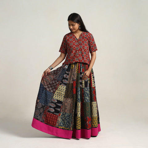 24 Kali Multicolor Patchwork Block Print Cotton Ajrakh Skirt