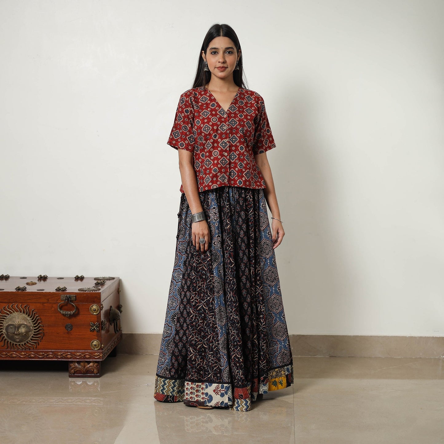  Multicolor 24 Kali Patchwork Block Printed Cotton Ajrakh Skirt