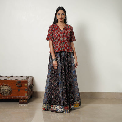  Multicolor 24 Kali Patchwork Block Printed Cotton Ajrakh Skirt