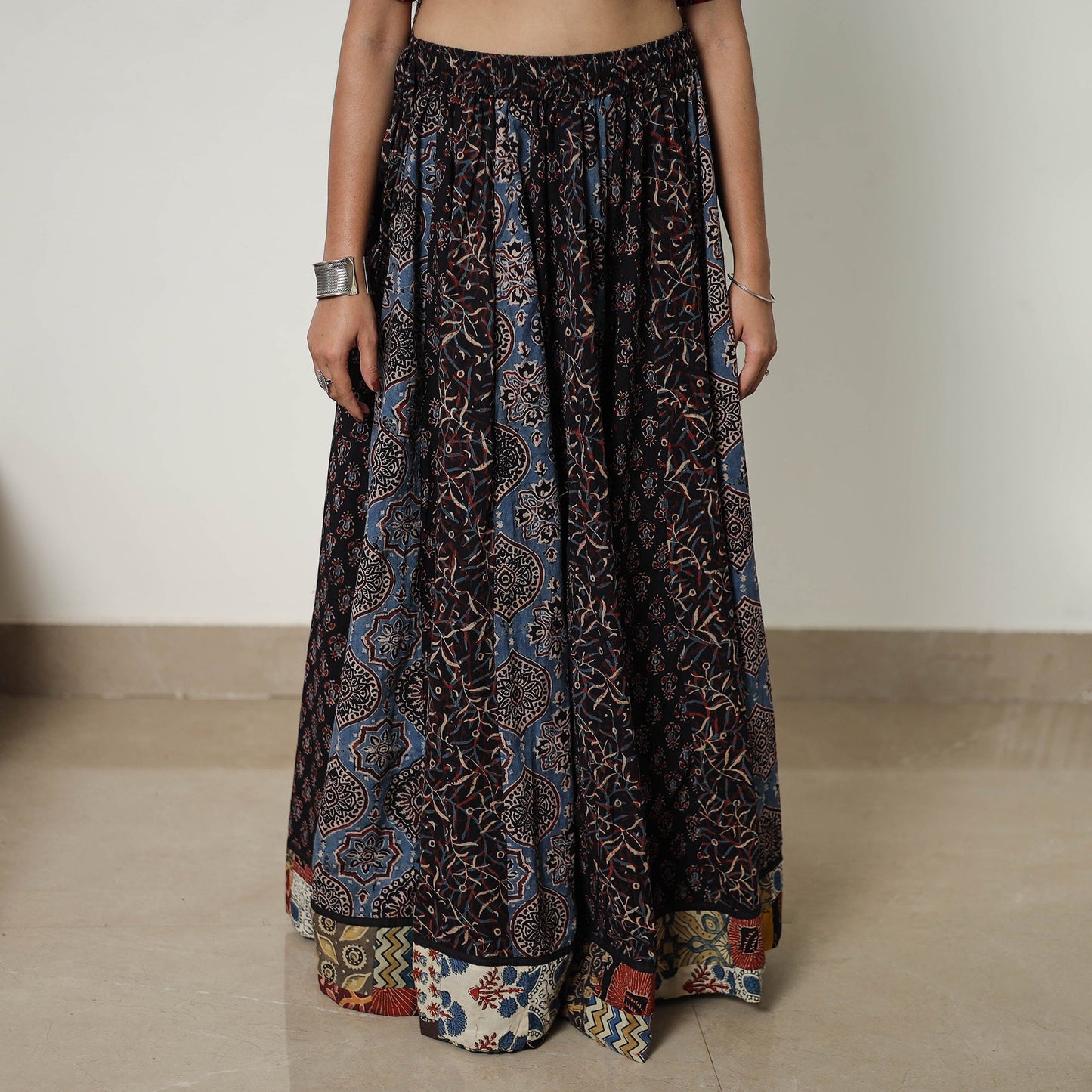  Multicolor 24 Kali Patchwork Block Printed Cotton Ajrakh Skirt