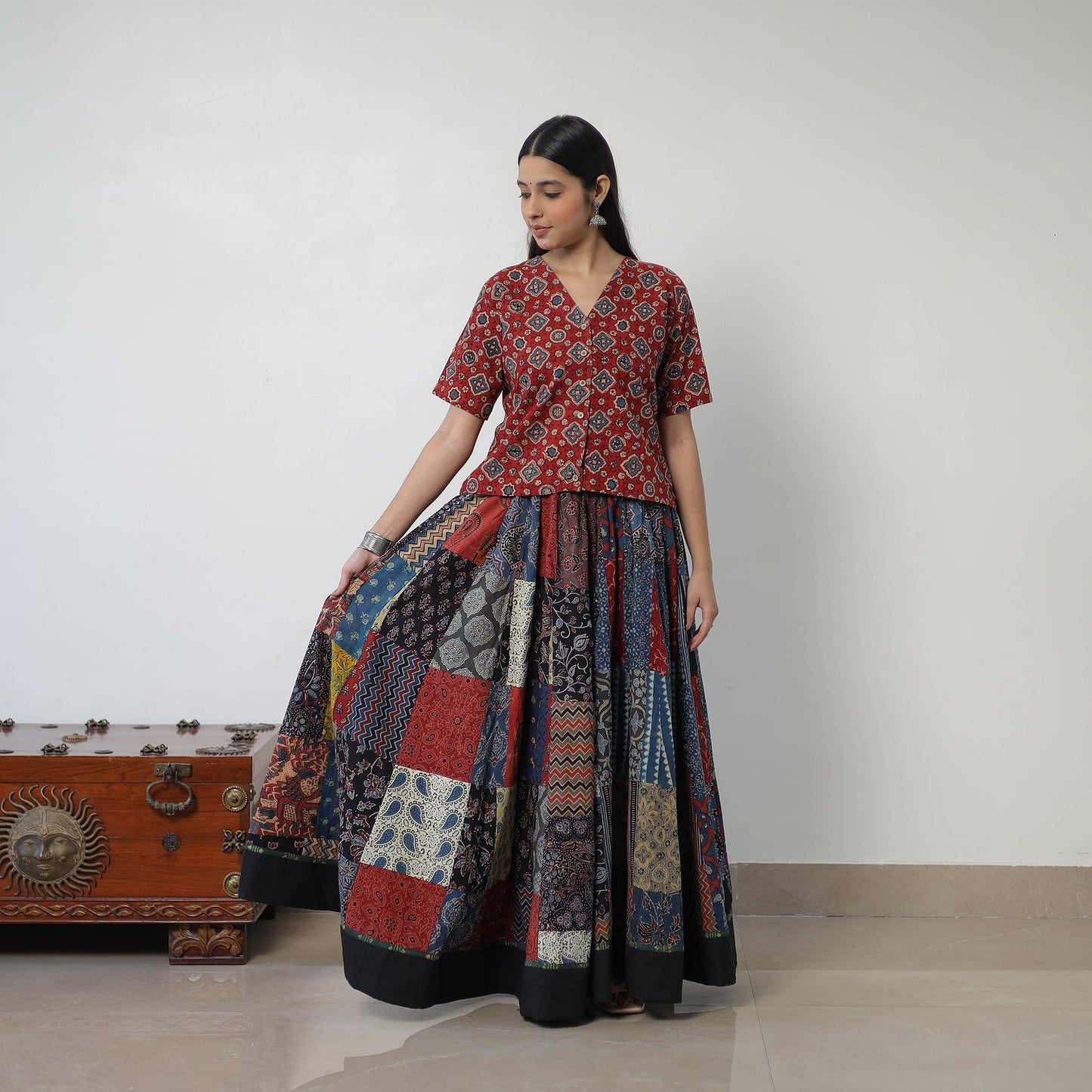 Multicolor - 24 Kali Patchwork Block Printed Cotton Ajrakh Skirt 50