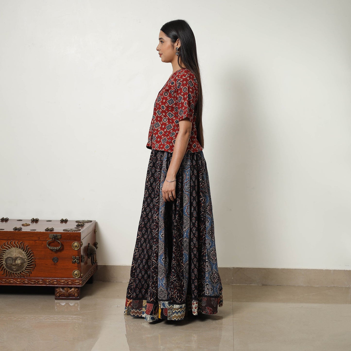  Multicolor 24 Kali Patchwork Block Printed Cotton Ajrakh Skirt