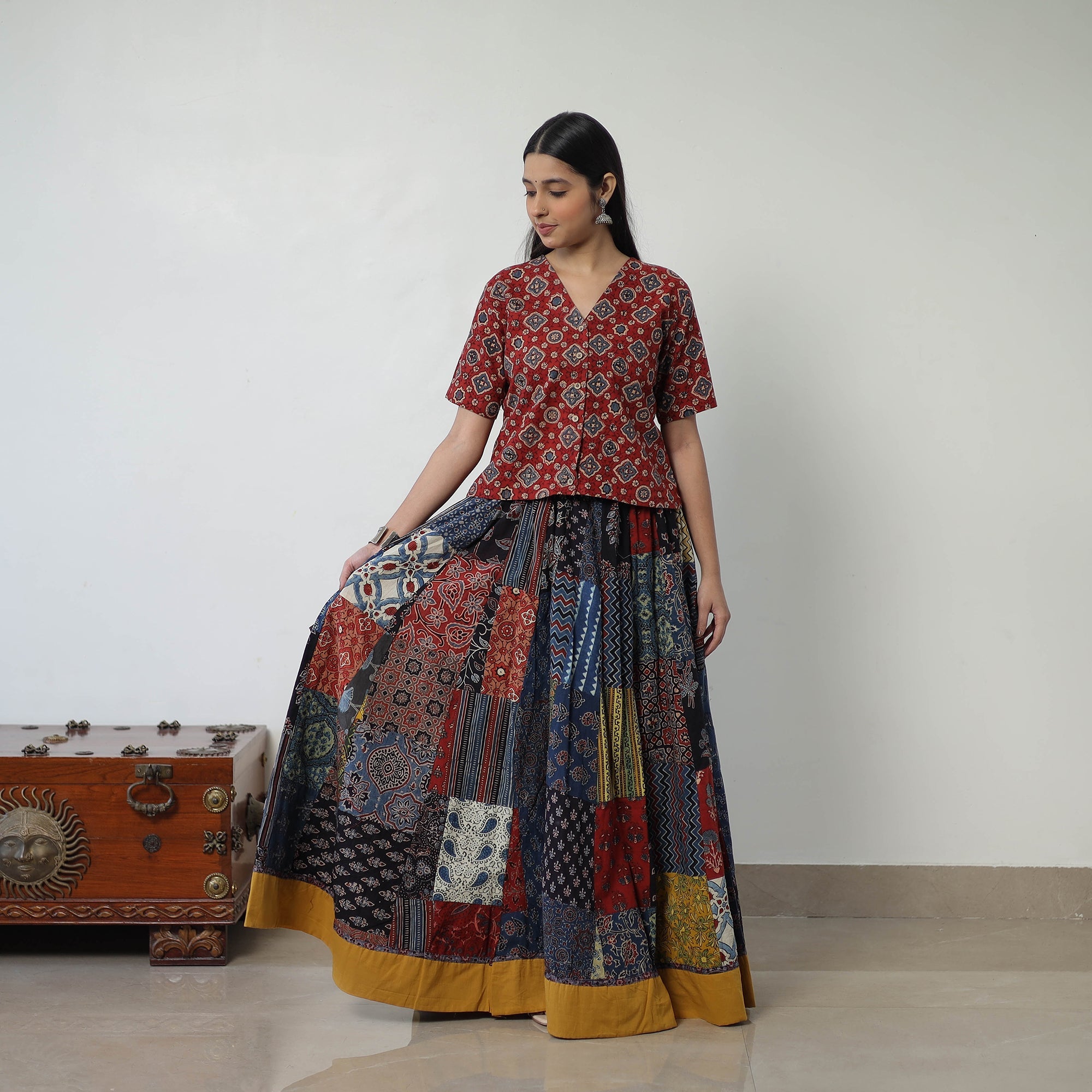 Multicolor - 24 Kali Patchwork Block Printed Cotton Ajrakh Skirt 45