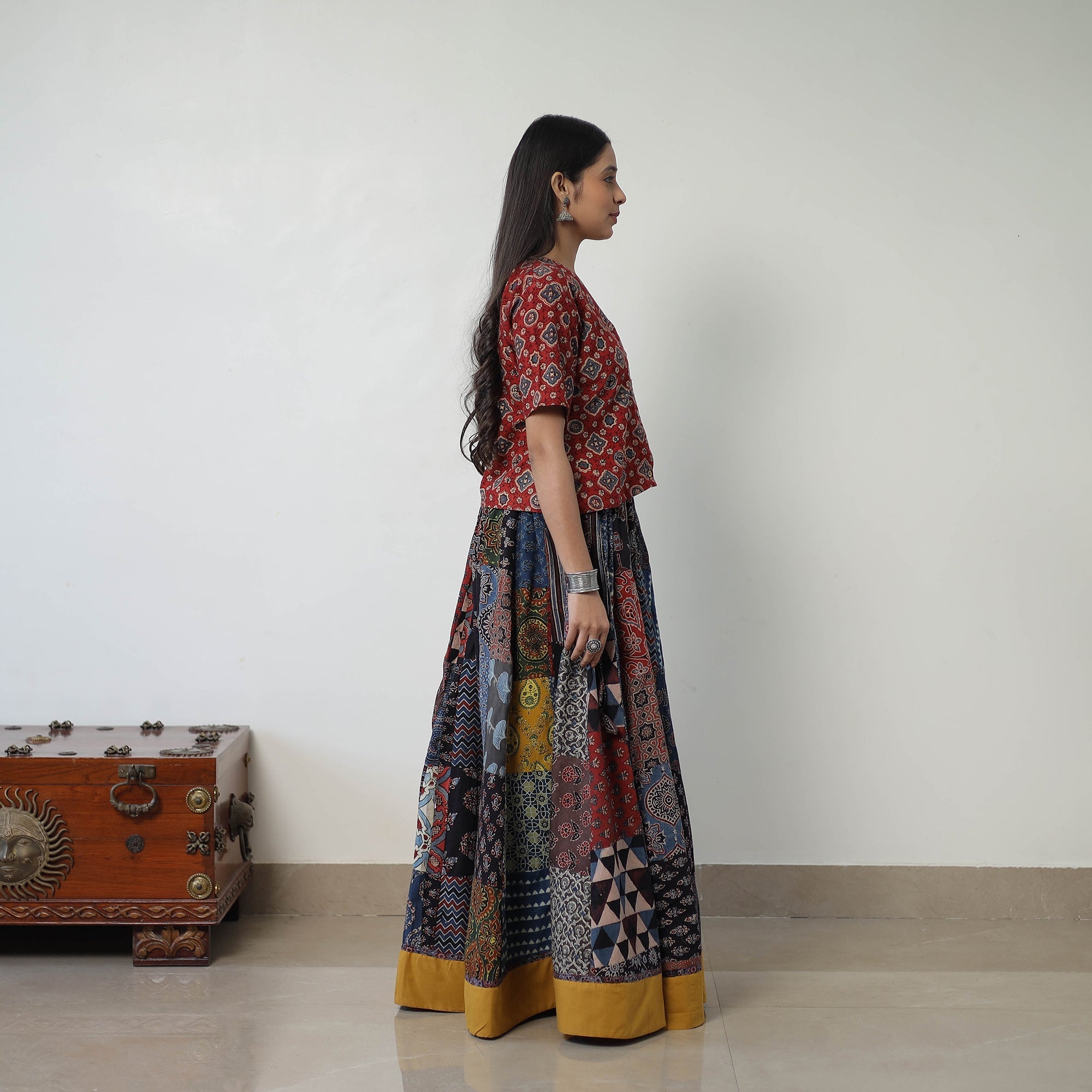 Multicolor - 24 Kali Patchwork Block Printed Cotton Ajrakh Skirt 45