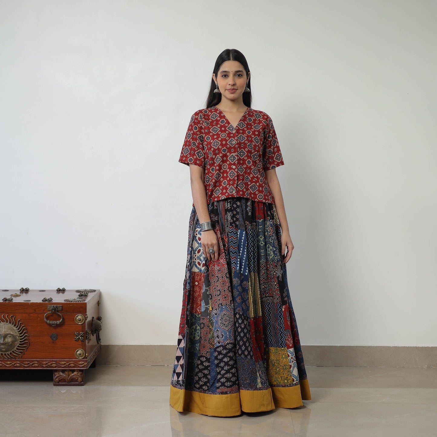 Multicolor - 24 Kali Patchwork Block Printed Cotton Ajrakh Skirt 45