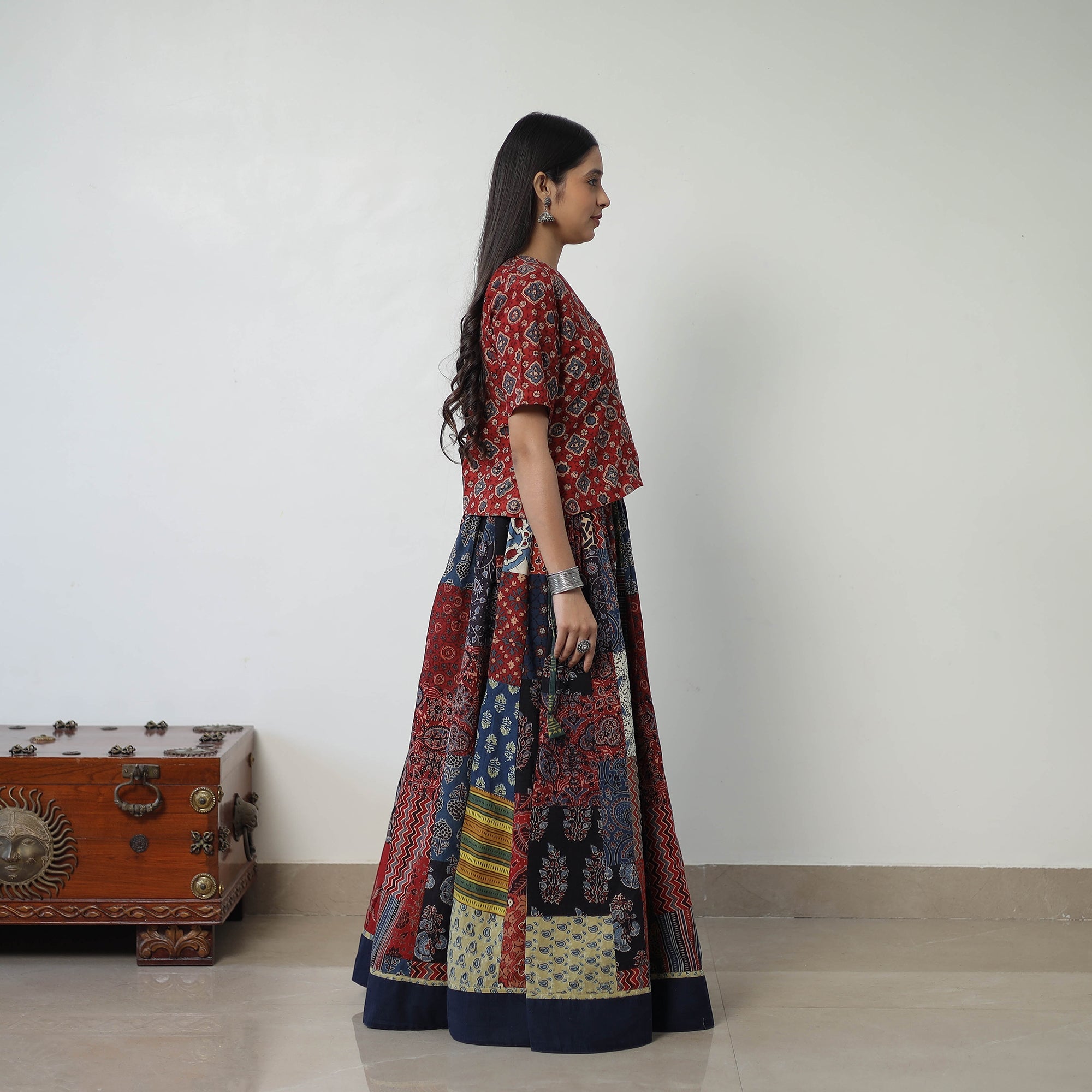 Multicolor - 24 Kali Patchwork Block Printed Cotton Ajrakh Skirt 46