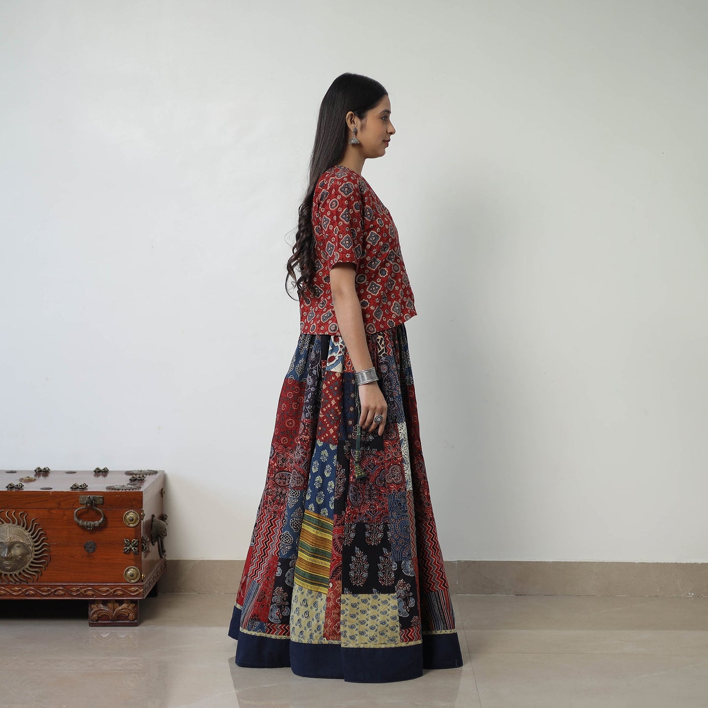 Multicolor - 24 Kali Patchwork Block Printed Cotton Ajrakh Skirt 46