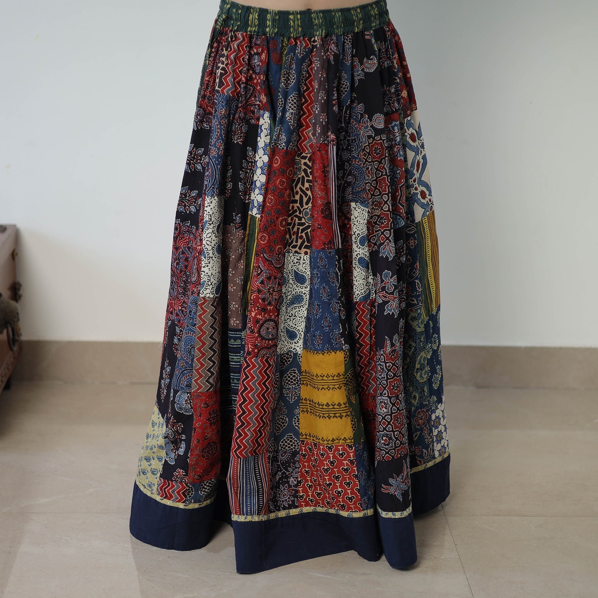 Multicolor - 24 Kali Patchwork Block Printed Cotton Ajrakh Skirt 46