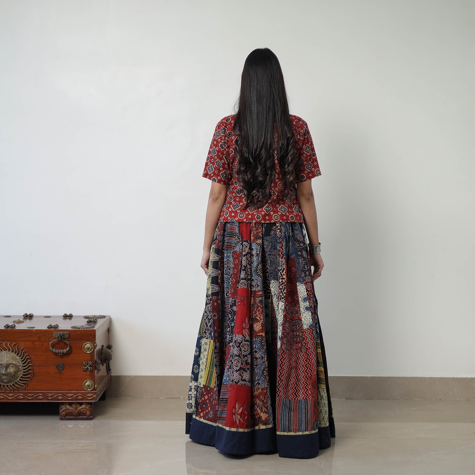 Multicolor - 24 Kali Patchwork Block Printed Cotton Ajrakh Skirt 46