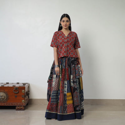 Multicolor - 24 Kali Patchwork Block Printed Cotton Ajrakh Skirt 46