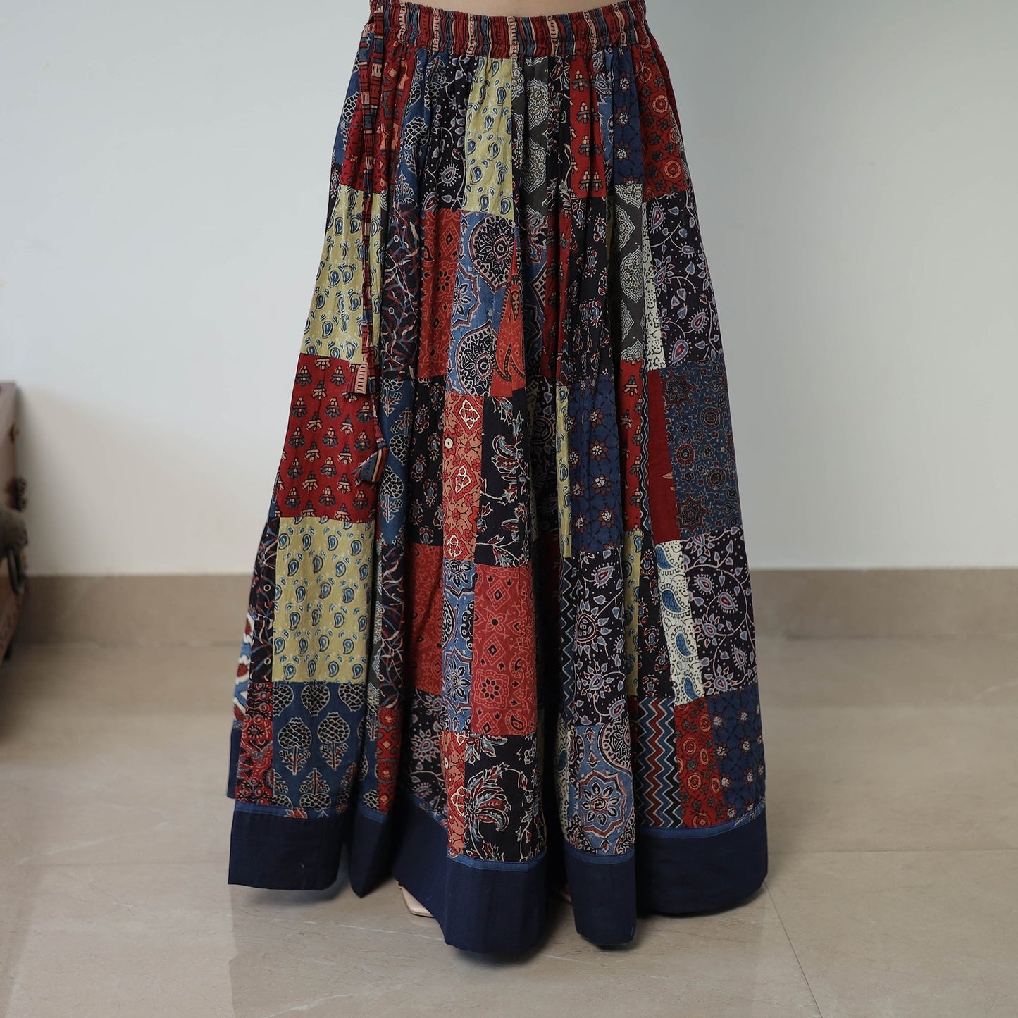 Multicolor - 24 Kali Patchwork Block Printed Cotton Ajrakh Skirt 47